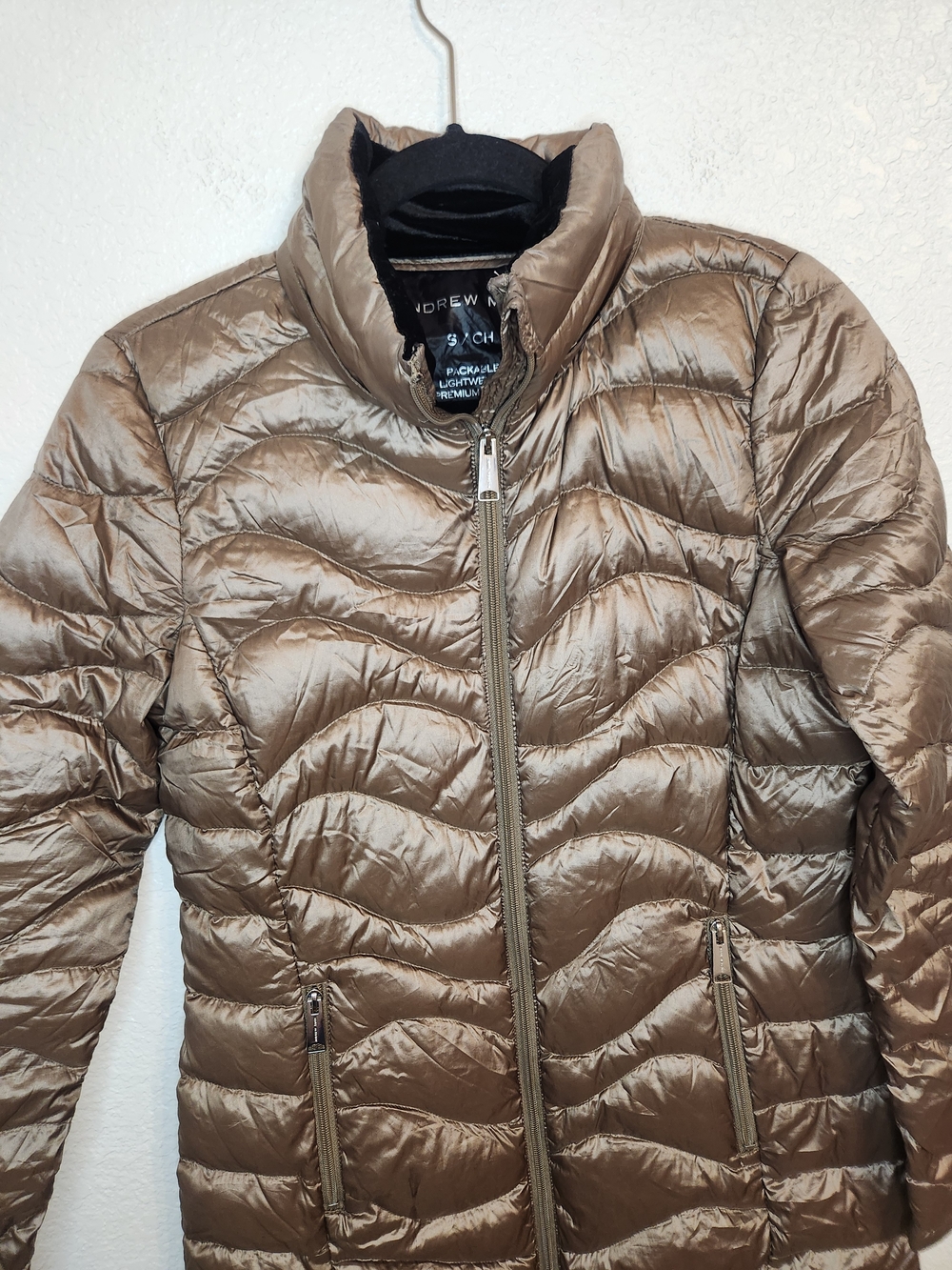Andrew Marc Premium Down Packable Long Puffer Coat Taupe Brown Womens S - Picture 7 of 16